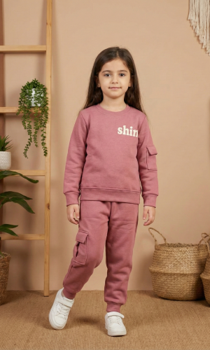 بيجاما بناتي شتوي قطن 3 خيط مع جيوب جانبية 3111 - فوشي