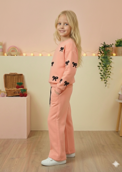 طقم بيجامة بناتي شتوي ثلاثي الخيوط مبطن 3121  - زهر