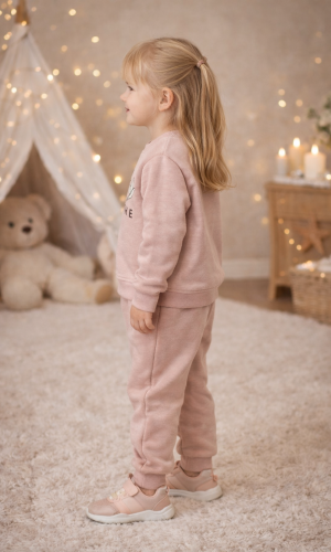 طقم بيجامة بناتي شتوي قطن 3 خيط مصوفة 3136 - بودرة