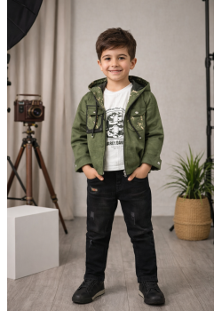 طقم ولادي كاجوال 3 قطع مع جاكيت شاموا 3534 - زيتي