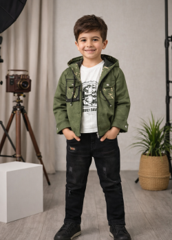 طقم ولادي كاجوال 3 قطع مع جاكيت شاموا 3534 - زيتي