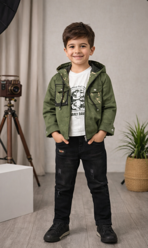 طقم ولادي كاجوال 3 قطع مع جاكيت شاموا 3534 - زيتي