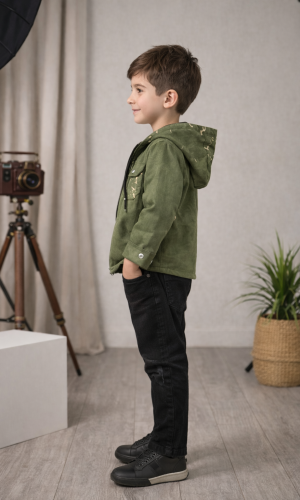 طقم ولادي كاجوال 3 قطع مع جاكيت شاموا 3534 - زيتي