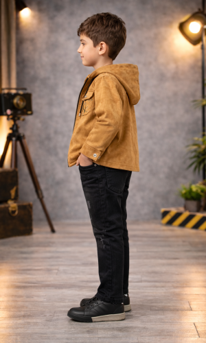 طقم ولادي كاجوال 3 قطع مع جاكيت شاموا 3534 - عسلي