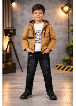 طقم ولادي كاجوال 3 قطع مع جاكيت شاموا 3534 - عسلي