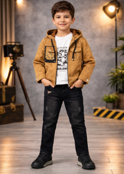 طقم ولادي كاجوال 3 قطع مع جاكيت شاموا 3534 - عسلي