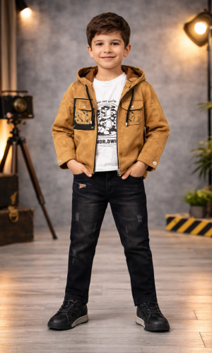 طقم ولادي كاجوال 3 قطع مع جاكيت شاموا 3534 - عسلي