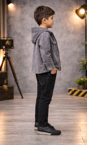 طقم ولادي كاجوال 3 قطع مع جاكيت شاموا 3534 - فضي