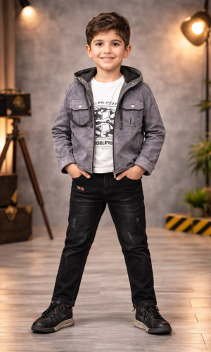 طقم ولادي كاجوال 3 قطع مع جاكيت شاموا 3534 - فضي