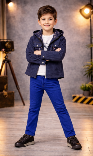 طقم ولادي كاجوال 3 قطع مع جاكيت شاموا 3534 - كحلي