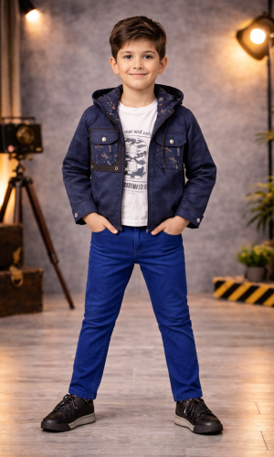 طقم ولادي كاجوال 3 قطع مع جاكيت شاموا 3534 - كحلي