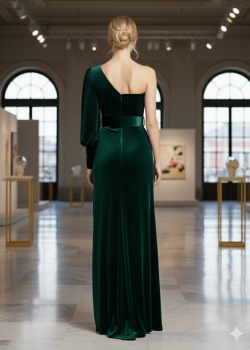 فستان سهرة مخمل بكتف واحد وحزام أنيق 4003  - زيتي