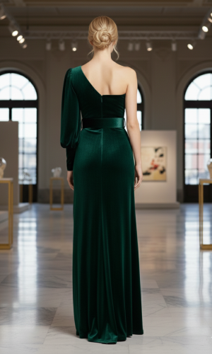 One-Shoulder Soft Velvet Evening Gown with Belt 4003  - khaki