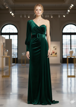 فستان سهرة مخمل بكتف واحد وحزام أنيق 4003  - زيتي