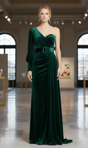 One-Shoulder Soft Velvet Evening Gown with Belt 4003  - khaki