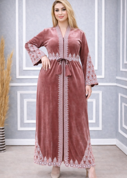 عباية مخمل كوري بتطريز ملكي 709  - بودرة