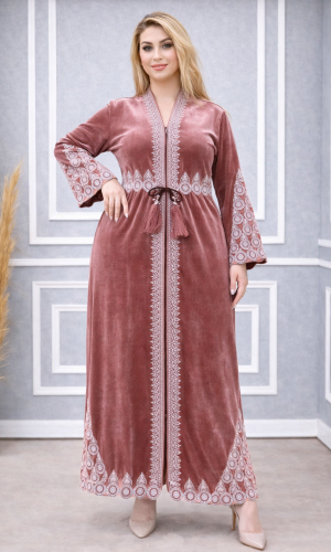 عباية مخمل كوري بتطريز ملكي 709  - بودرة