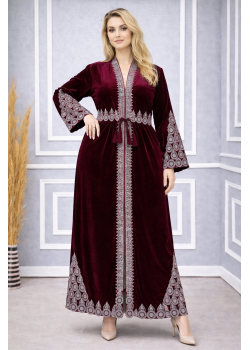 عباية مخمل كوري بتطريز ملكي 709  - خمري