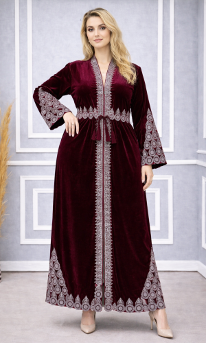 عباية مخمل كوري بتطريز ملكي 709  - خمري