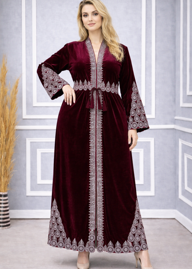 709 عباية مخمل سحاب  - خمري