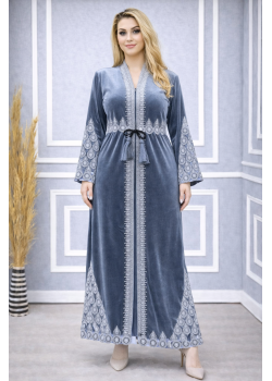 عباية مخمل كوري بتطريز ملكي 709  - فضي