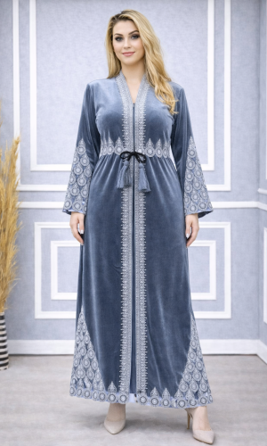 عباية مخمل كوري بتطريز ملكي 709  - فضي